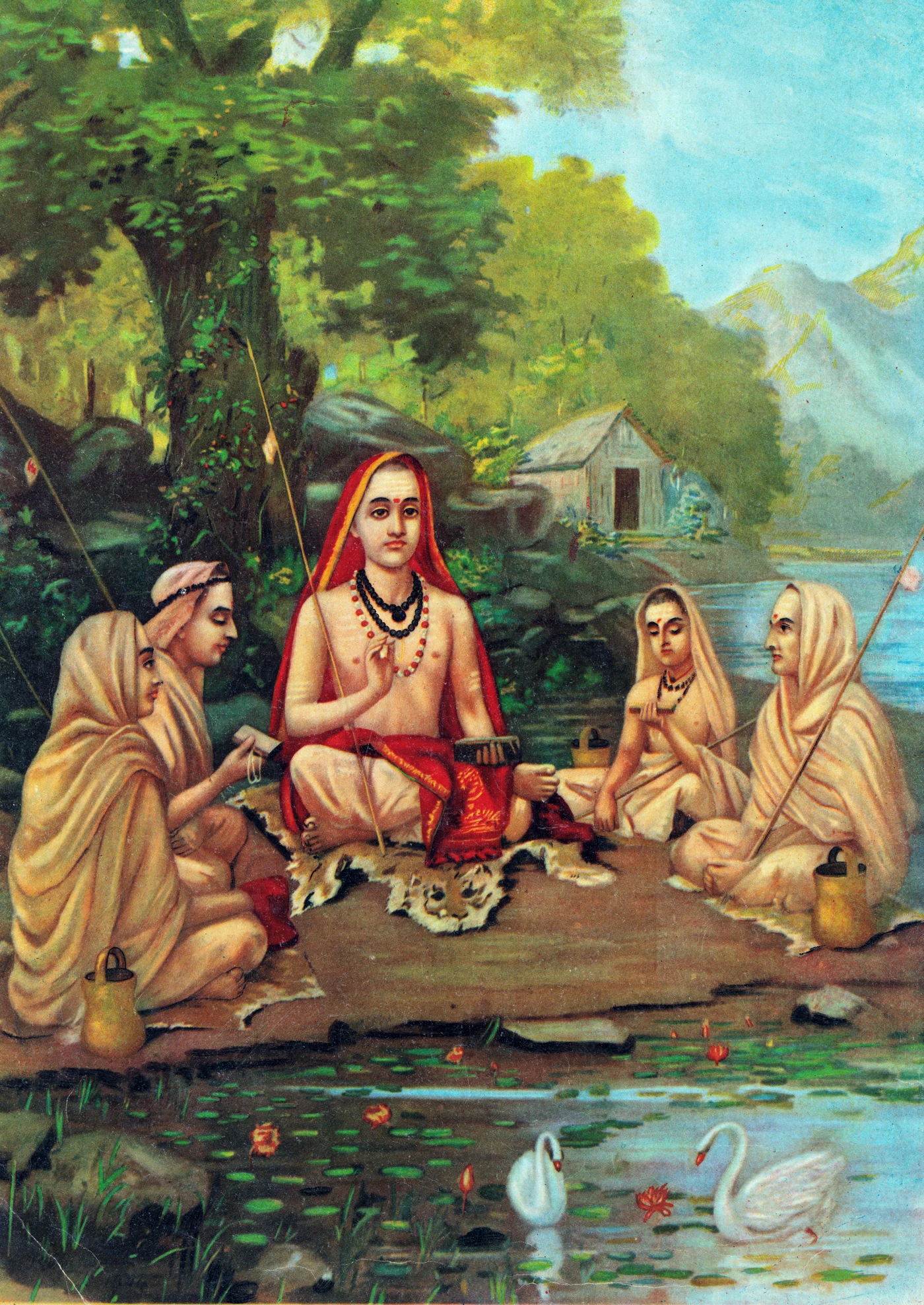 A later devotional print depicts Shankara seated with a staff and surrounded by disciples.