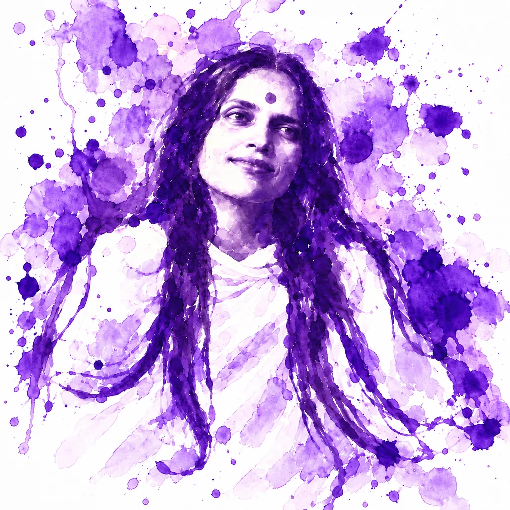 Painted portrait of Anandamayi Ma looking upward, her dark hair and white clothing surrounded by violet splashes