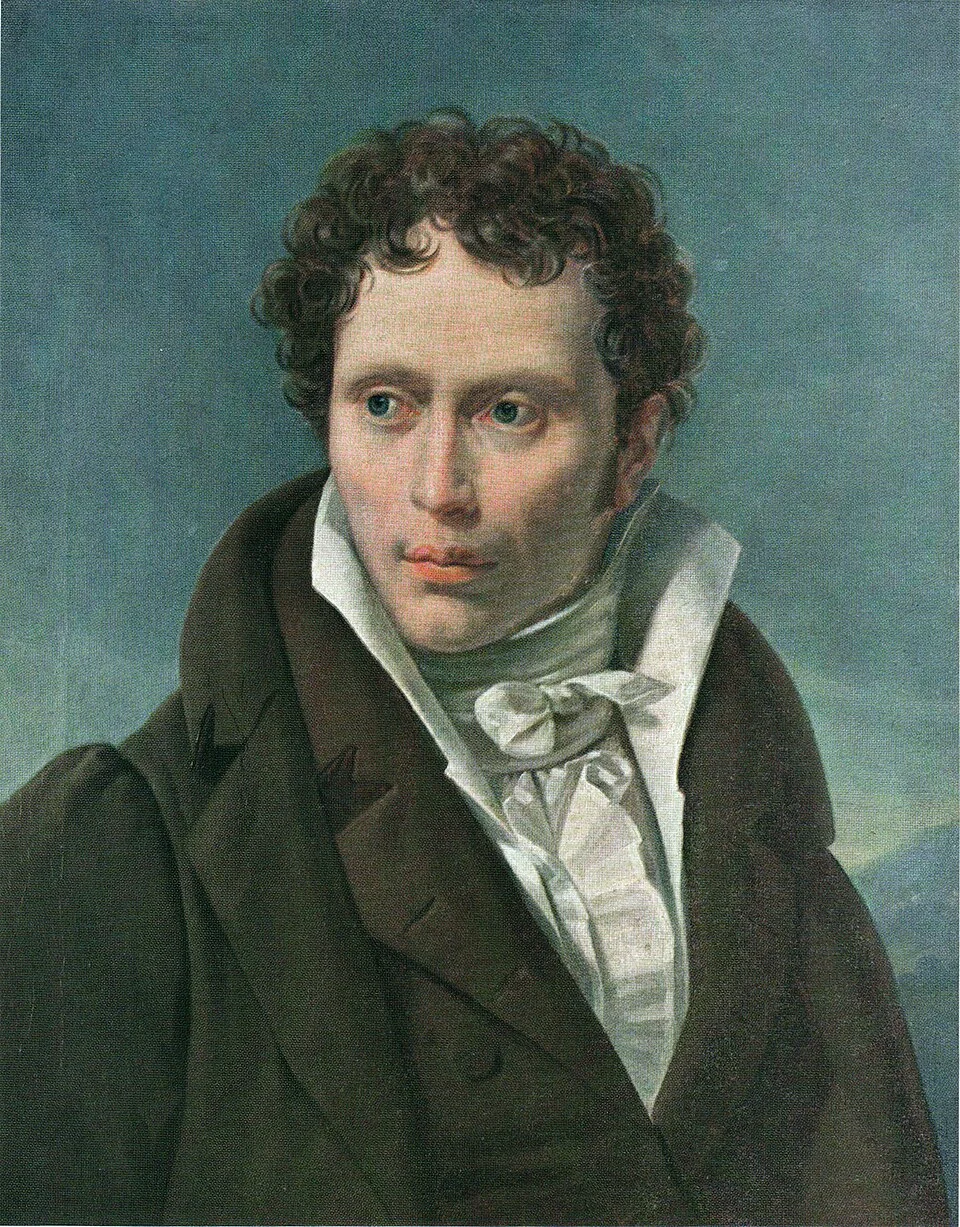 Young Schopenhauer with dark curly hair, a white collar and greenish coat
