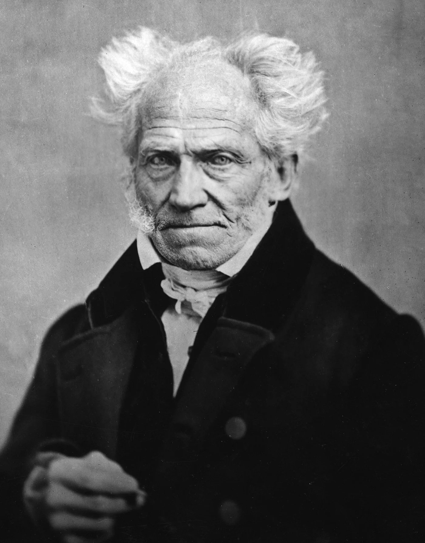 A close photographic portrait of Schopenhauer with unruly white hair
