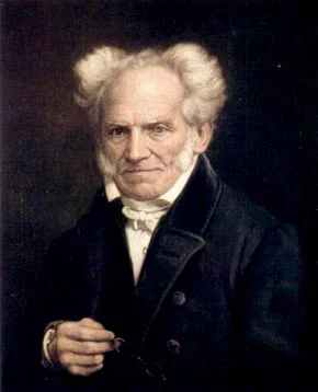 Painted portrait of Schopenhauer in dark clothes holding a small object