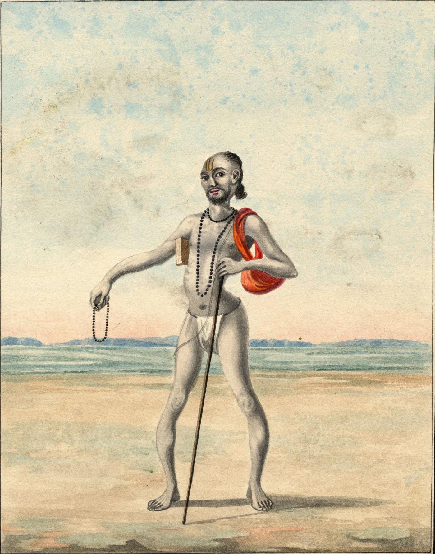 An early nineteenth-century watercolour shows the bent figure of Ashtavakra standing with a walking stick and prayer beads.