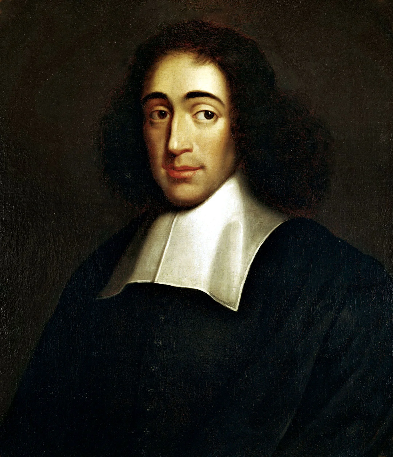 Spinoza in a dark coat and white collar against a dark background