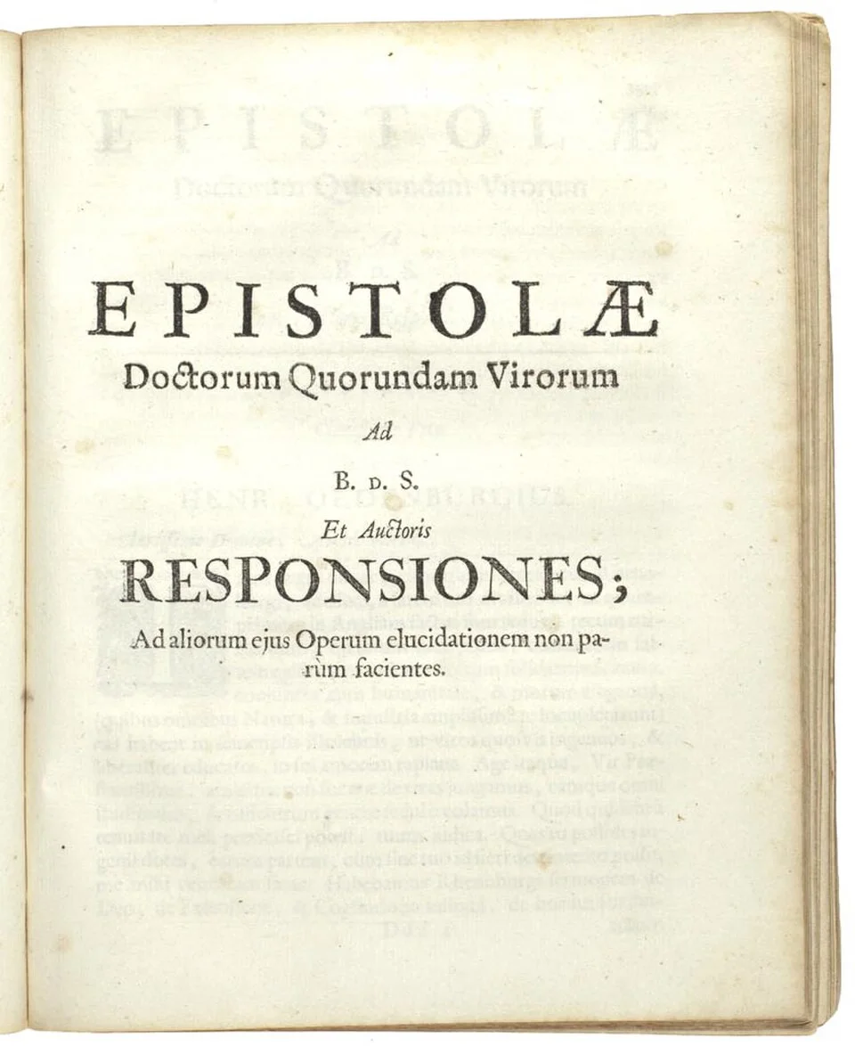 Printed title page of Spinoza's letters with large capital lettering
