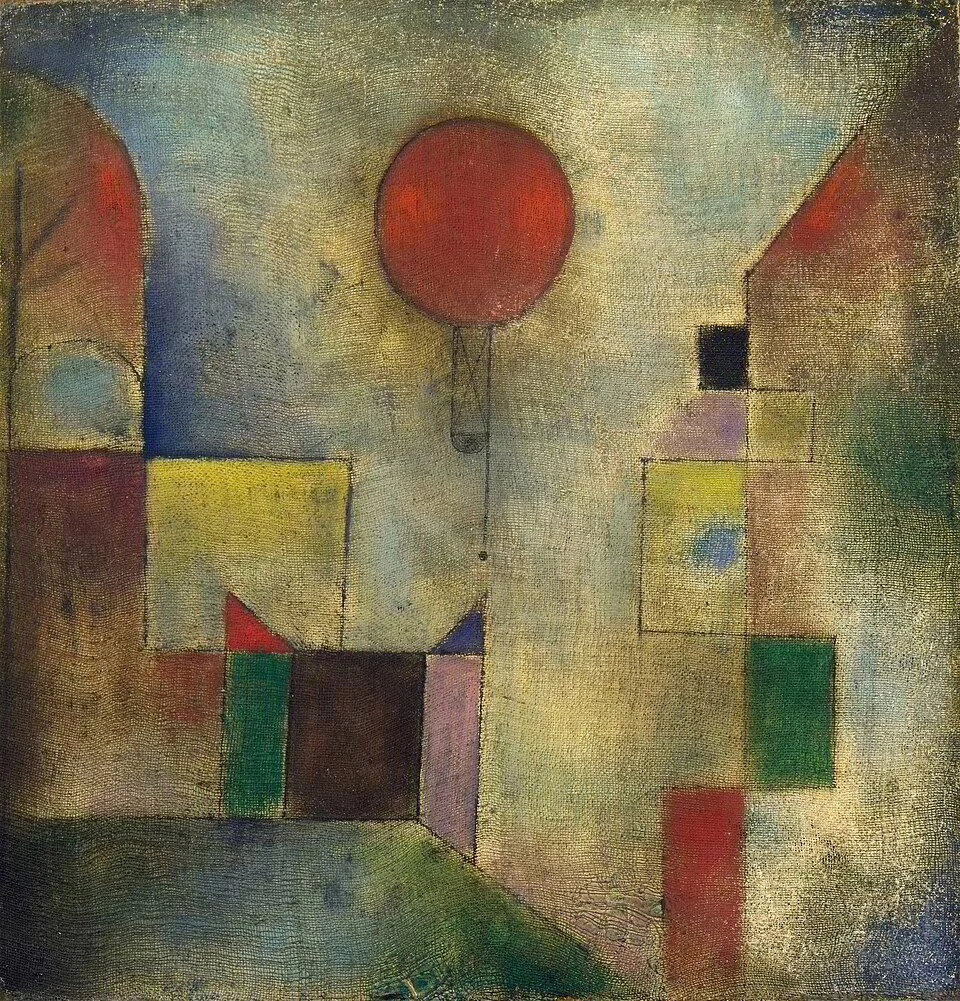 A red circle floats above a patchwork of coloured architectural-looking planes