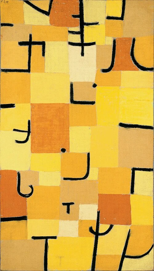 Dark sign-like strokes and small coloured accents appear across a yellow patterned field