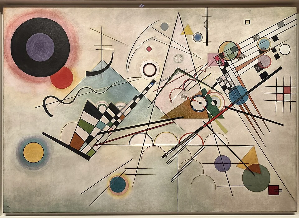 Circles fine lines triangles and coloured geometric forms are arranged on a pale ground