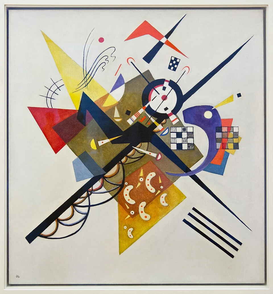 Long black diagonals cross a white field with angular coloured shapes