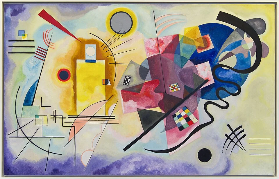 Yellow angular forms at left face a blue circle at right with red areas and black curves between