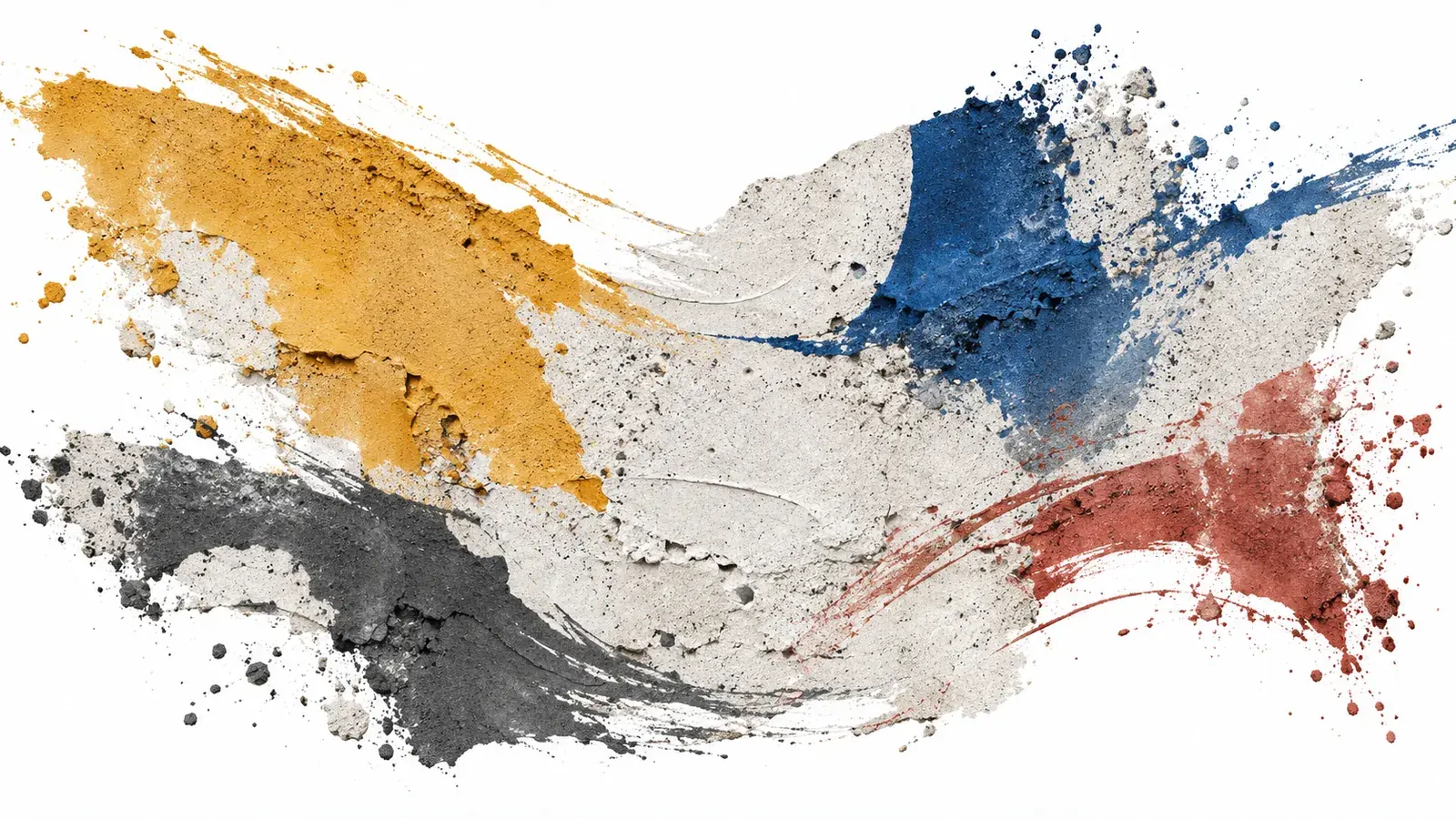 Sweeping ochre, cobalt, charcoal and muted red gestures embedded in a porous white concrete field, with white space around the marks
