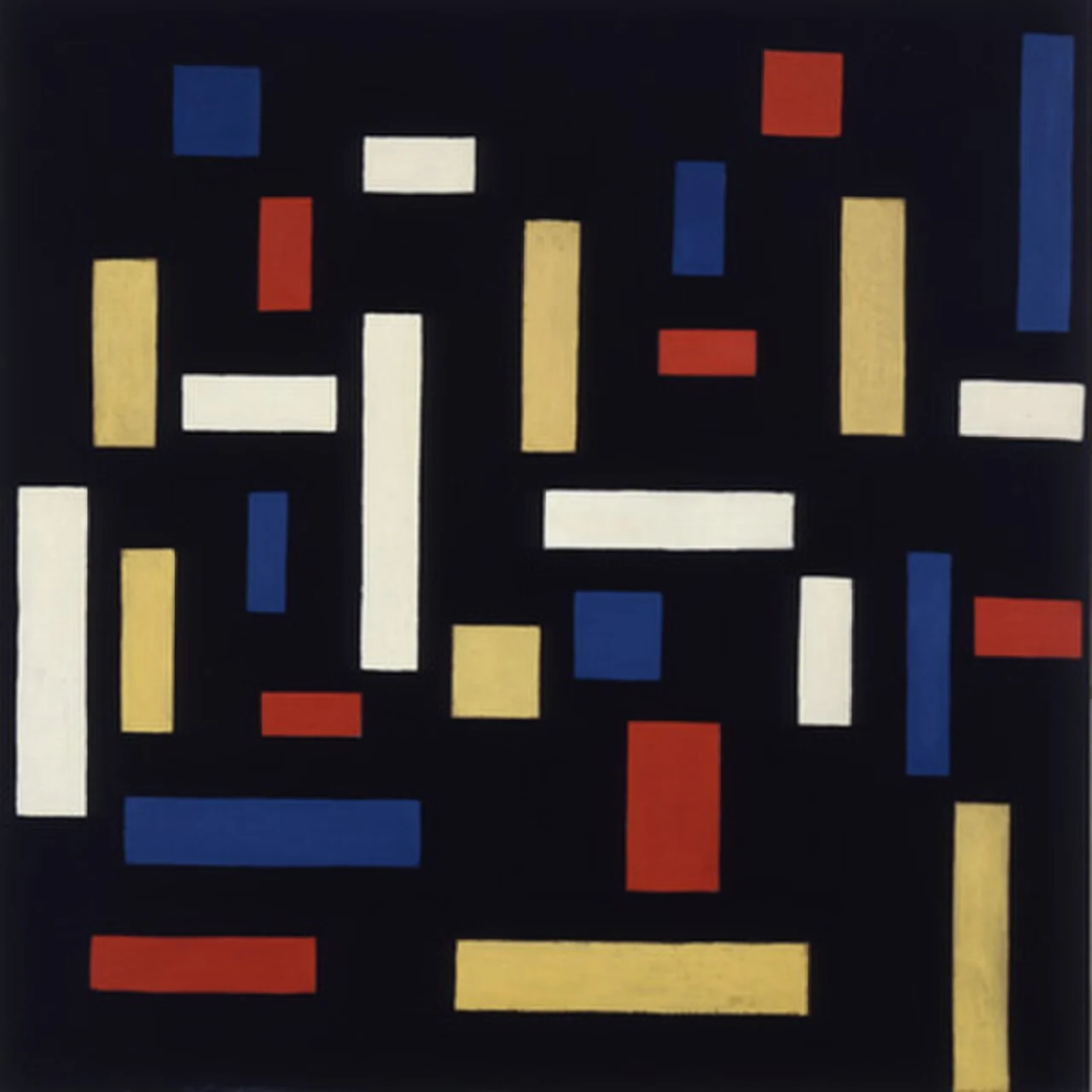 Coloured rectangular planes and short bars arranged in a square abstract composition