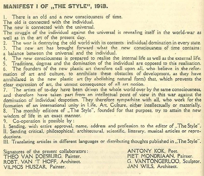Numbered manifesto text and signatures reproduced from the De Stijl journal