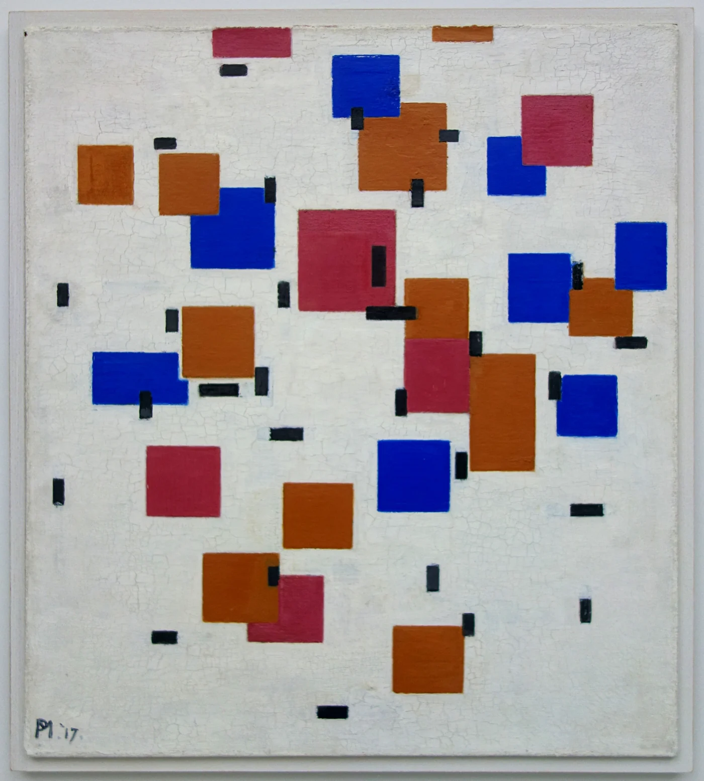 Short dark lines and separate red blue and ochre rectangular areas on an off-white ground