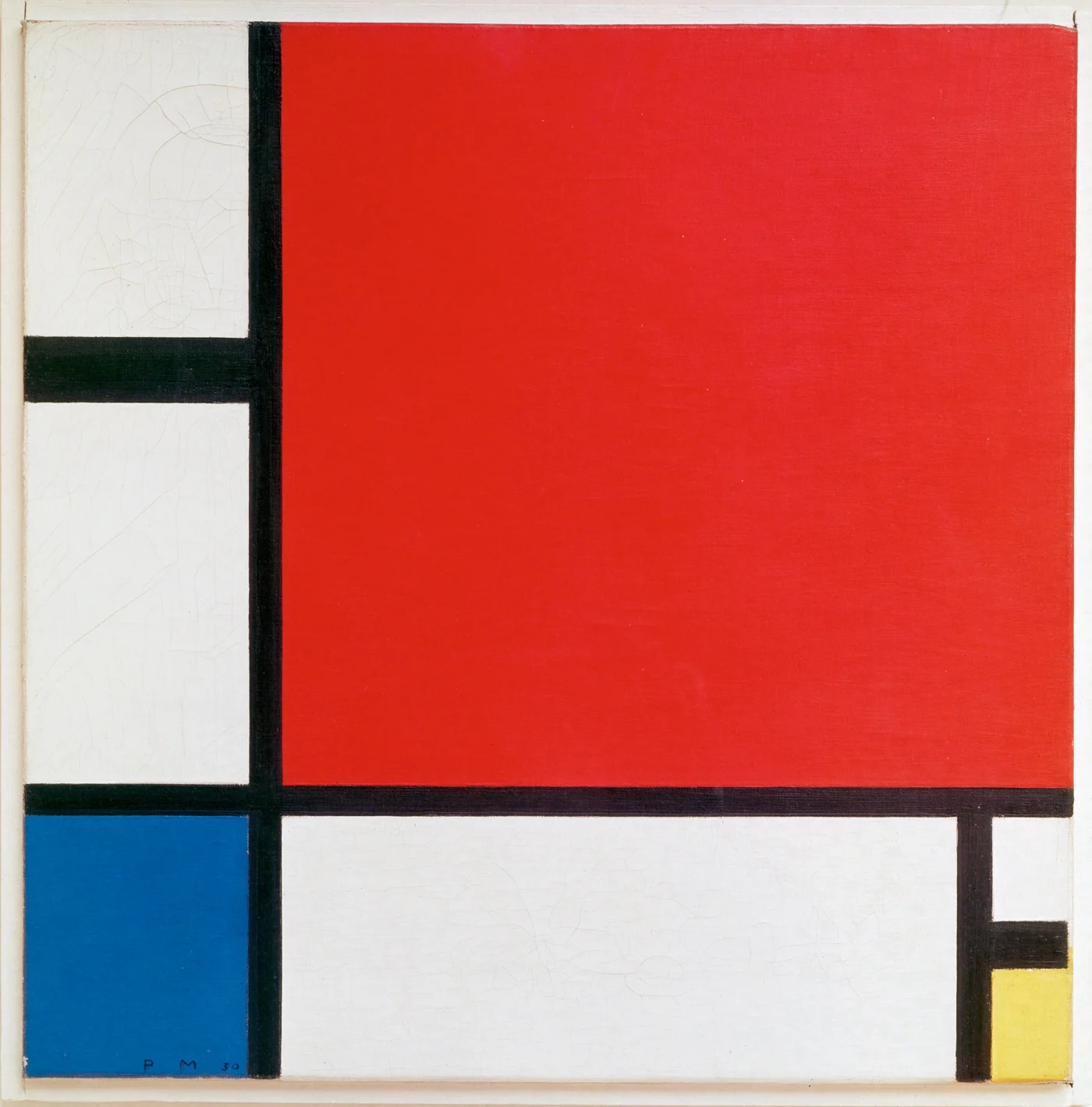 A large red plane meets smaller white blue and yellow areas separated by black lines