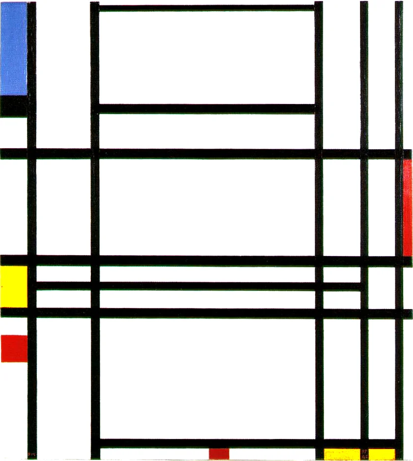 A dense arrangement of black horizontal and vertical lines crosses a predominantly white field