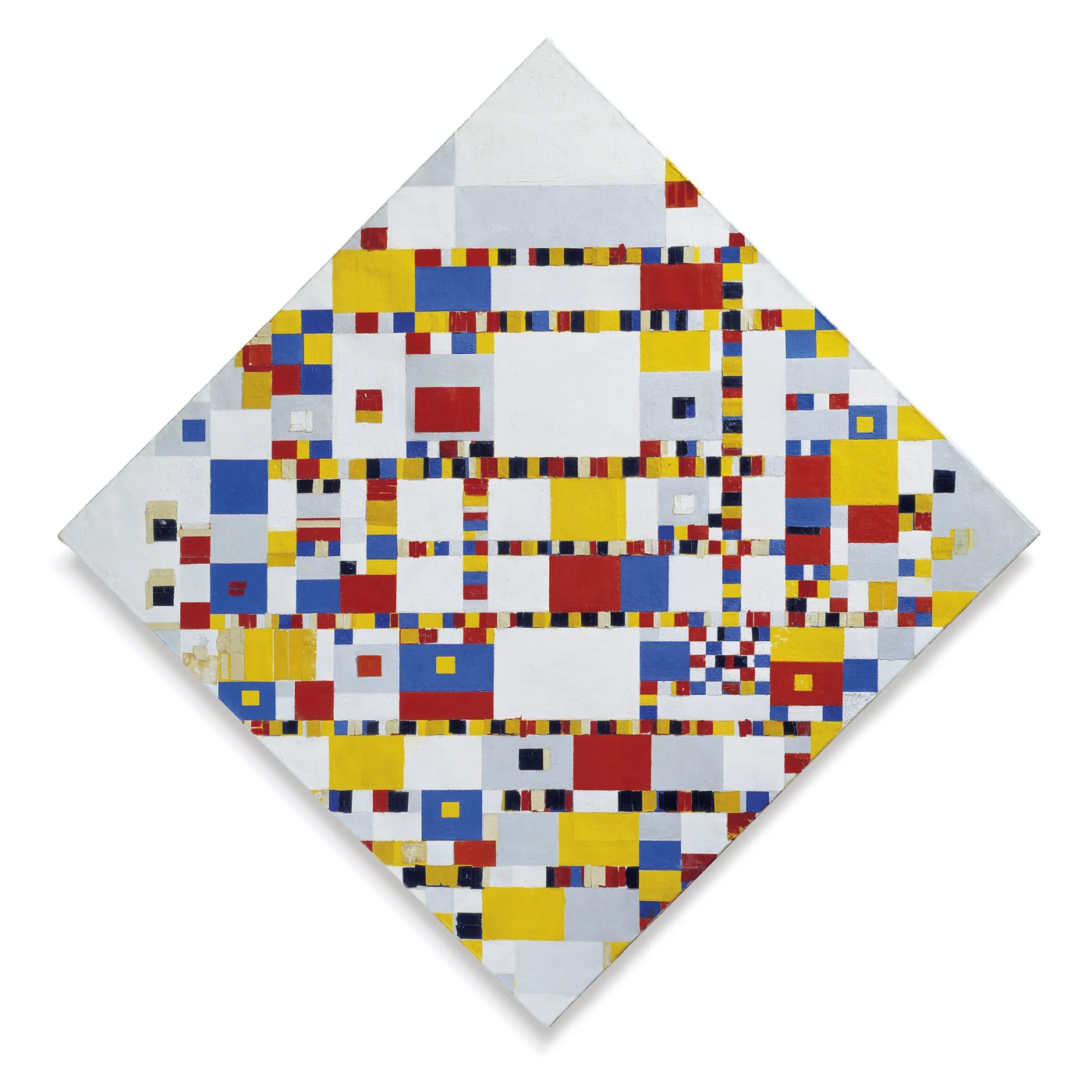 Diamond-shaped support filled with small bright squares and interrupted coloured bands