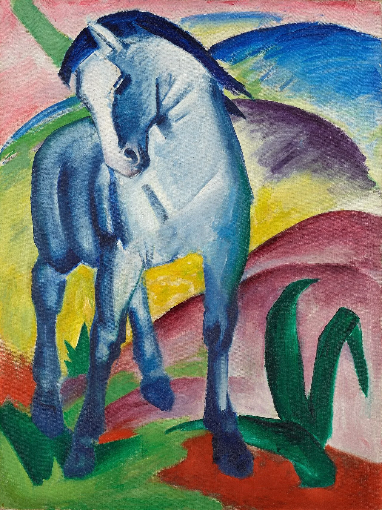 Blue horse bends its head within a landscape of rounded coloured hills