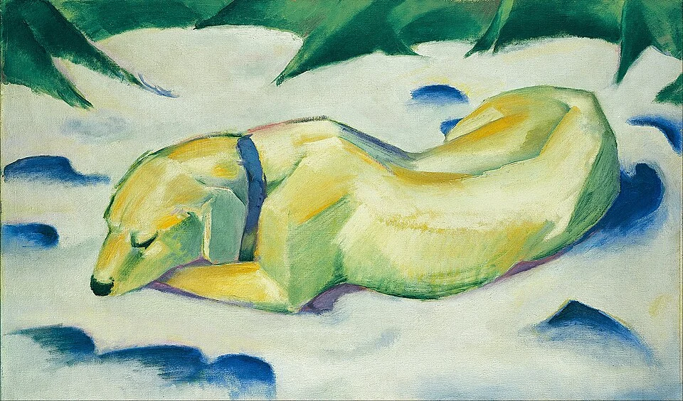 Pale dog lies low against snow with ochre and dark forms surrounding its body