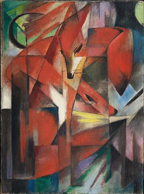 Two orange-red foxes emerge within overlapping angular red blue green and dark planes
