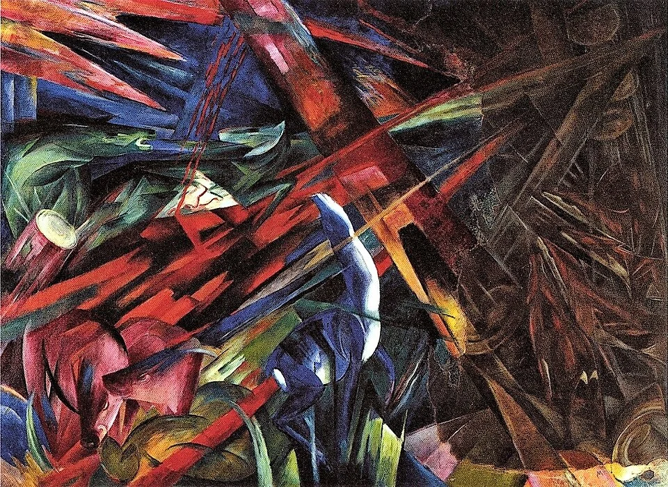 Animals and trees are fragmented by sharp diagonals and strongly contrasted areas of colour
