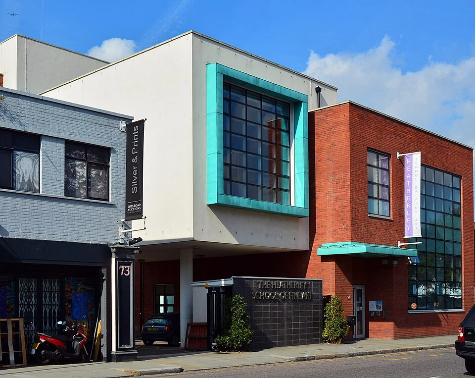 The brick and glass frontage of the Heatherley School of Fine Art on Lots Road, London, photographed in 2014.