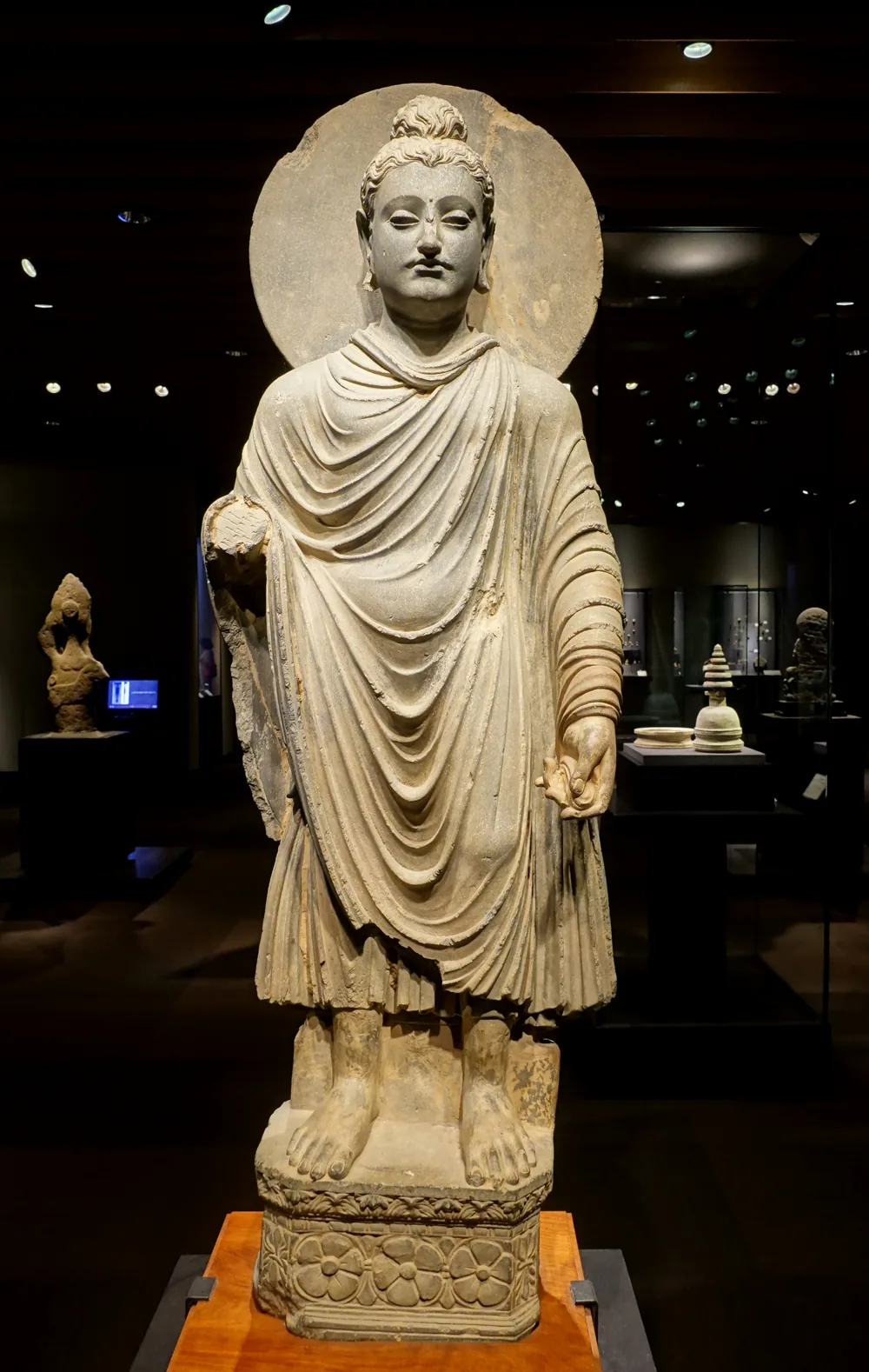 Grey schist standing Buddha from Gandhara with wavy hair, a toga-like robe in deep folds and a halo, in the Tokyo National Museum