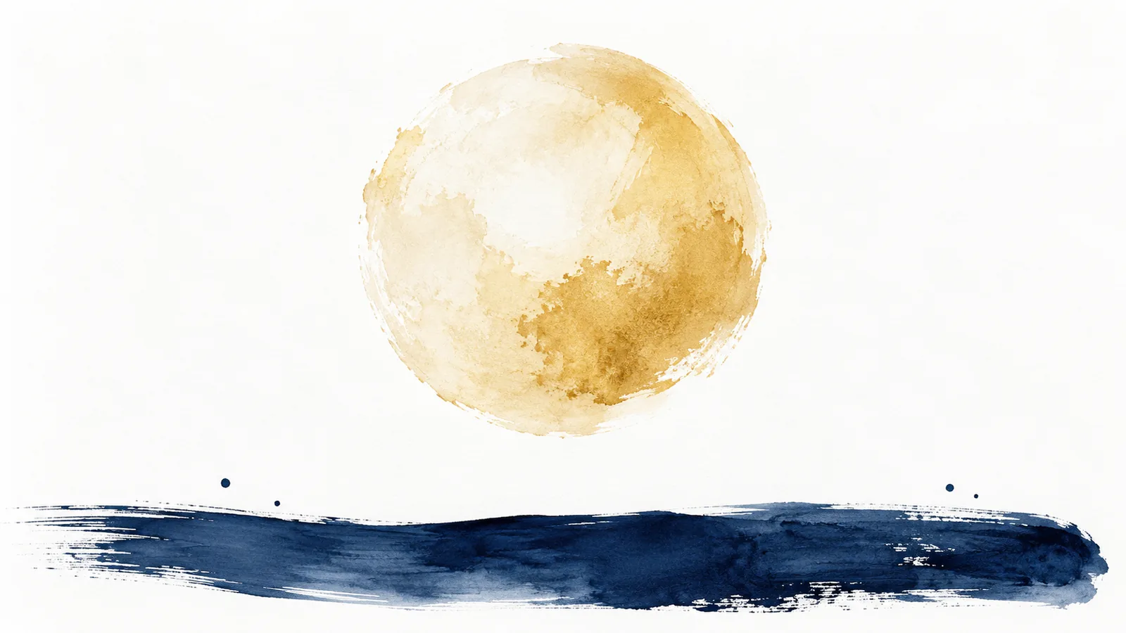 Original abstraction: one soft gold circle above a single indigo horizon on calm white, made for this page; not a historical image of the Buddha