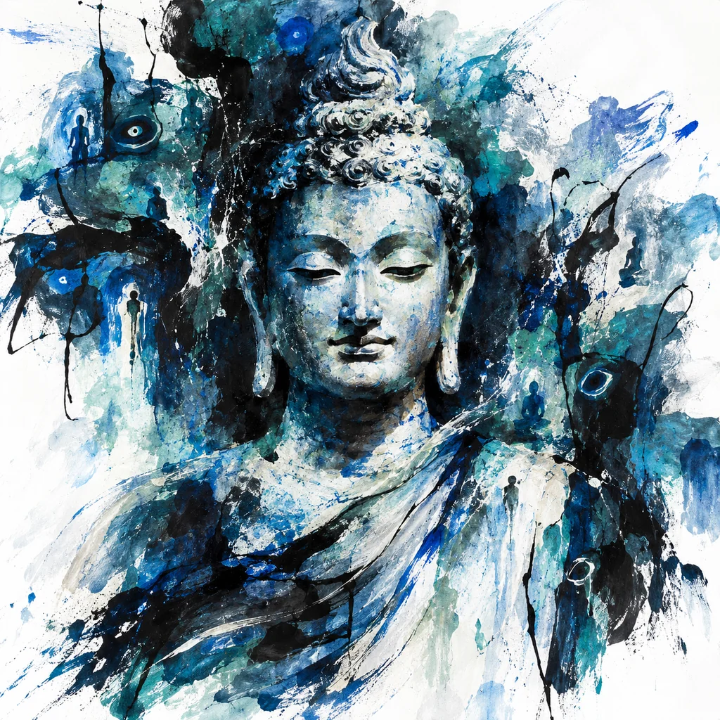 Contemporary painted portrait imagining the Buddha, made for this site