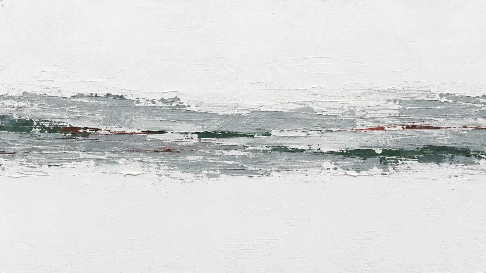 Original abstraction: a single band of dragged and scraped paint in grey, red and green crossing a calm white field; not a painting by Gerhard Richter