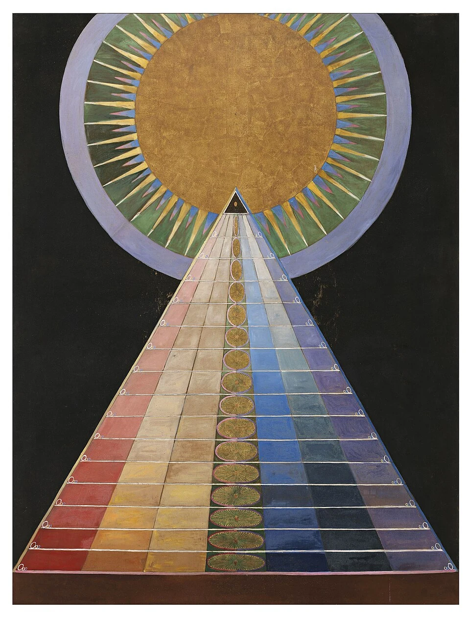 A stepped multicoloured triangle rises towards a luminous circular form against a dark ground