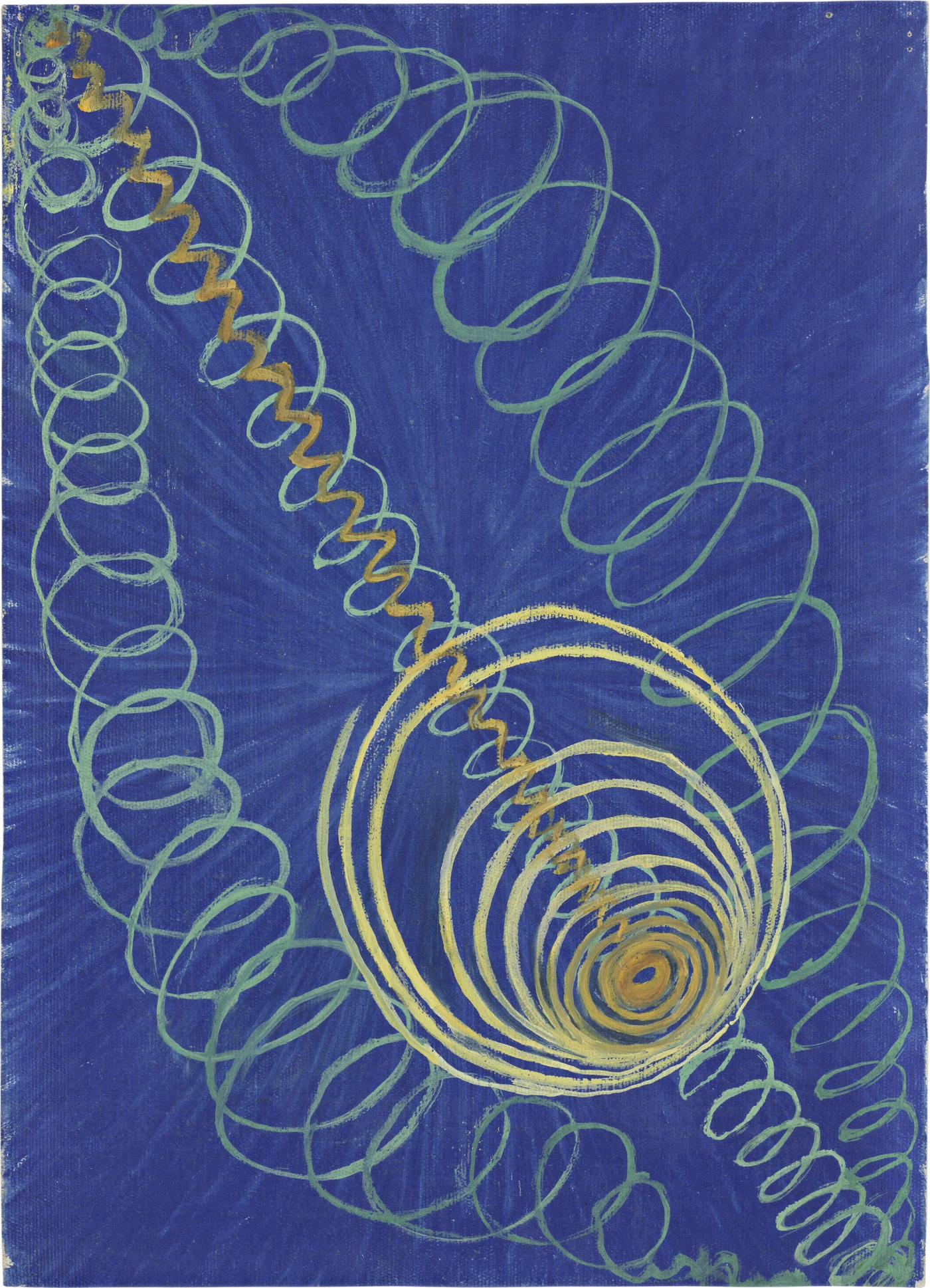 Small curling forms, symbols and blue and yellow accents gather on a blue-green ground