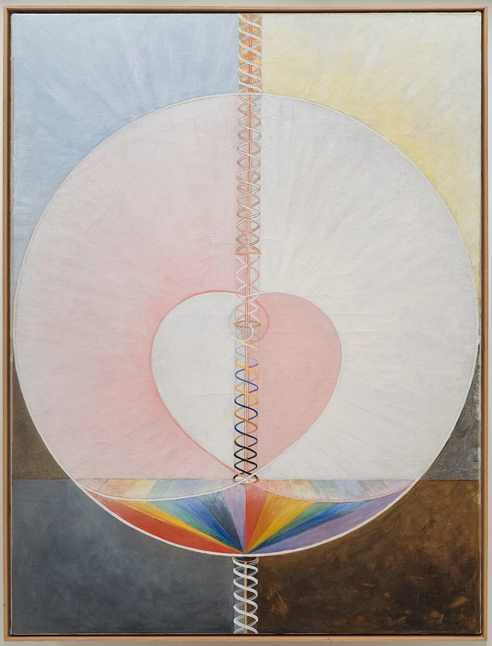 A large circular field contains interlocking curved divisions and contrasting light, dark and coloured areas
