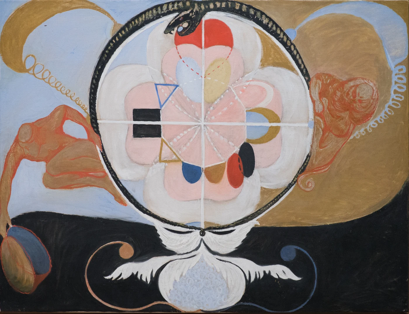 Symmetrical geometric and organic forms, a divided central field and curling signs in contrasting colours