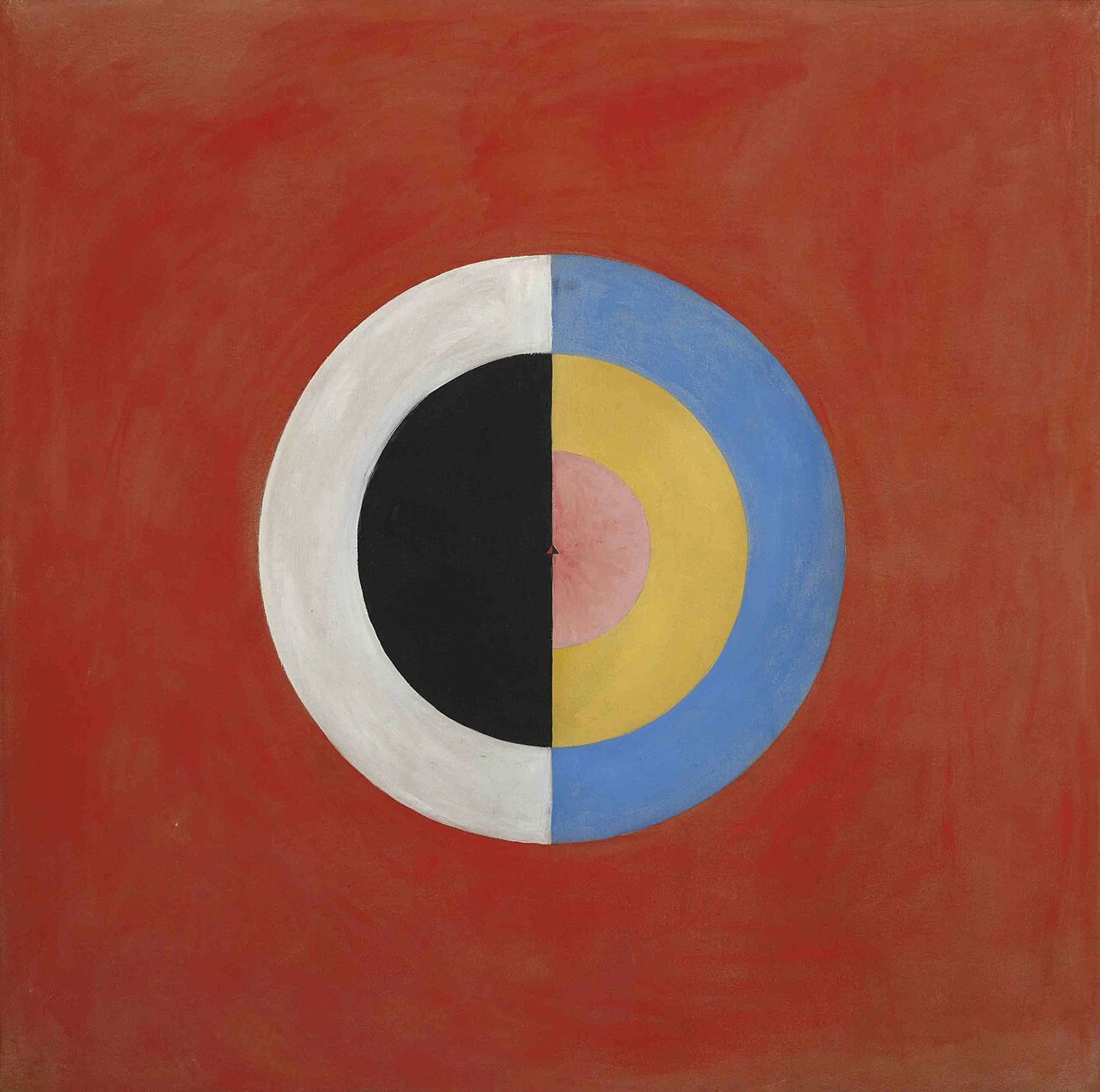 A large divided circle of contrasting colour sits within a sharply partitioned geometric composition