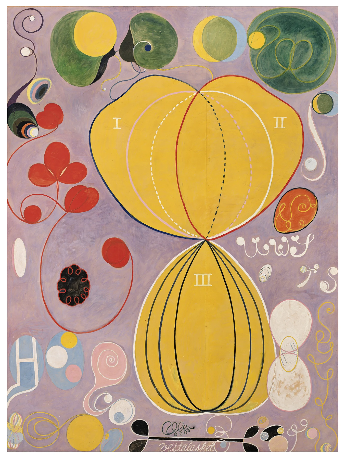 Large pastel-coloured loops, circles and plant-like curls with handwritten signs on a pink ground