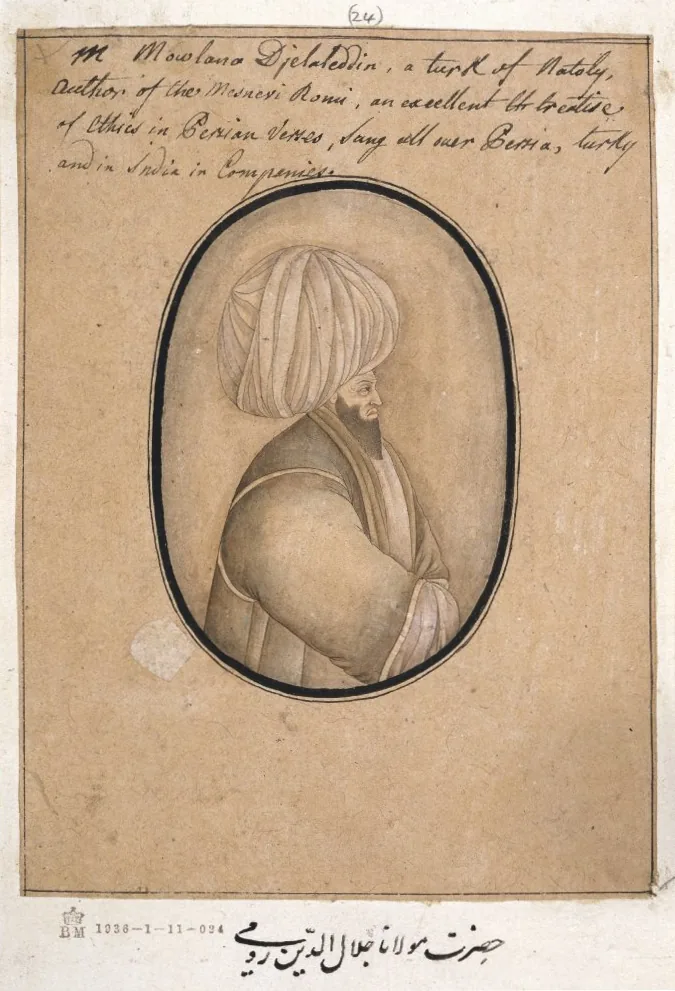 Posthumous Mughal portrait of Rumi in profile, with a large turban and folded sleeves