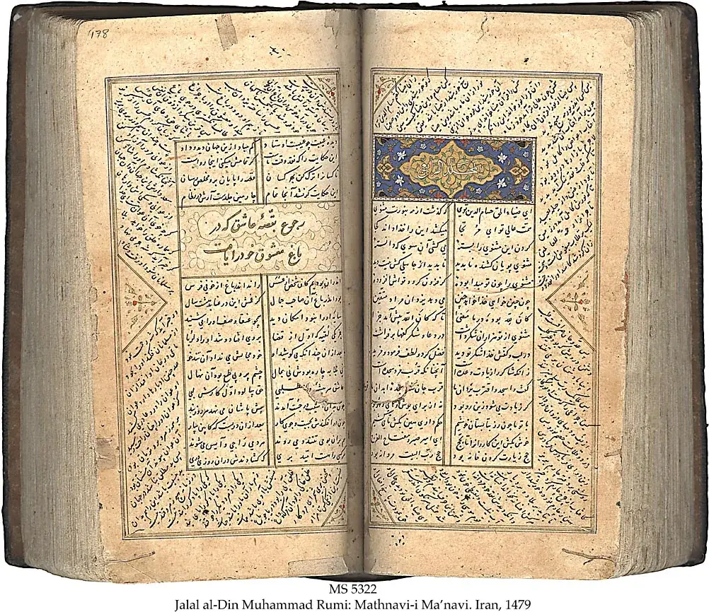 Open Persian Masnavi manuscript with gold borders, two central columns and diagonal marginal writing
