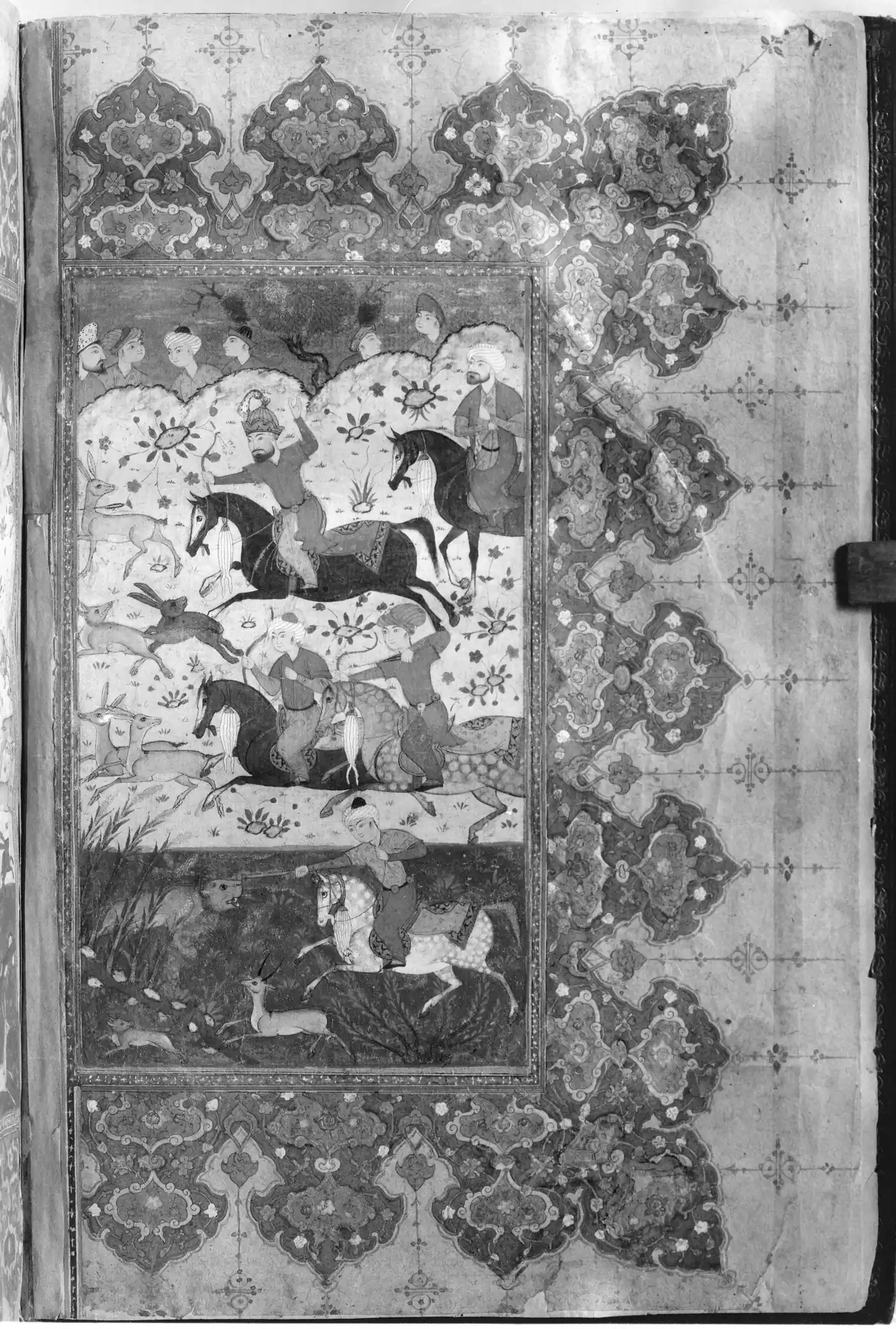 Black-and-white reproduction of a manuscript frontispiece showing mounted hunters among animals and plants