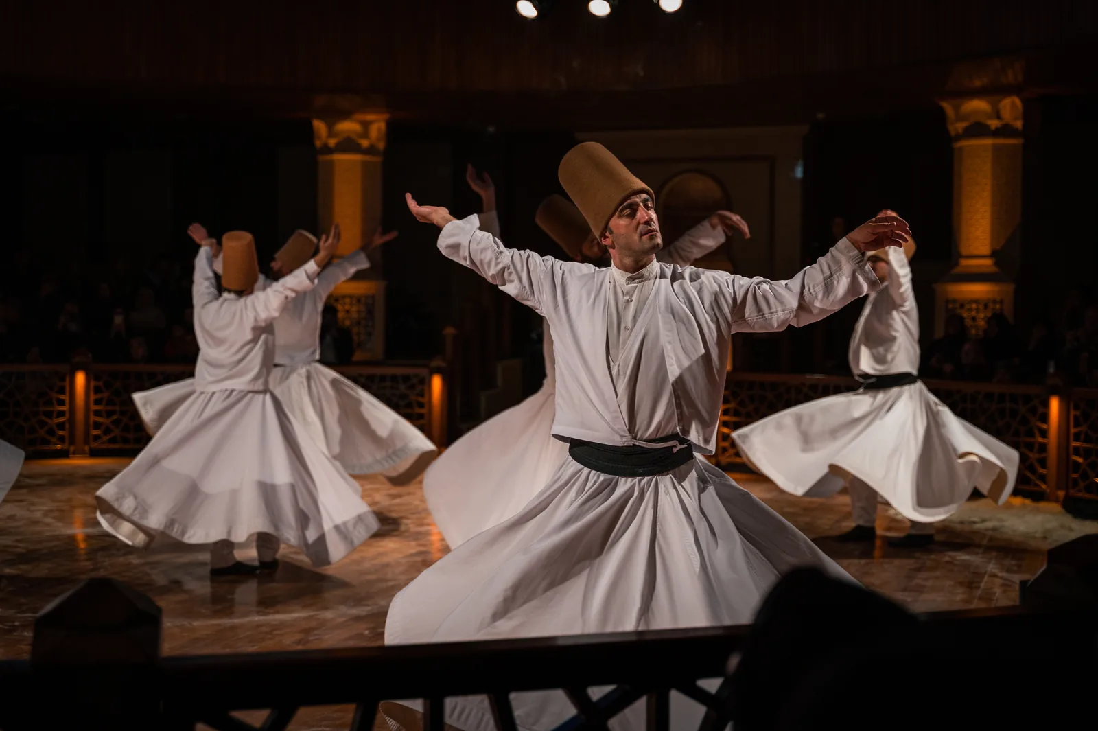Mevlevi participants turning together during a sema ceremony in Konya