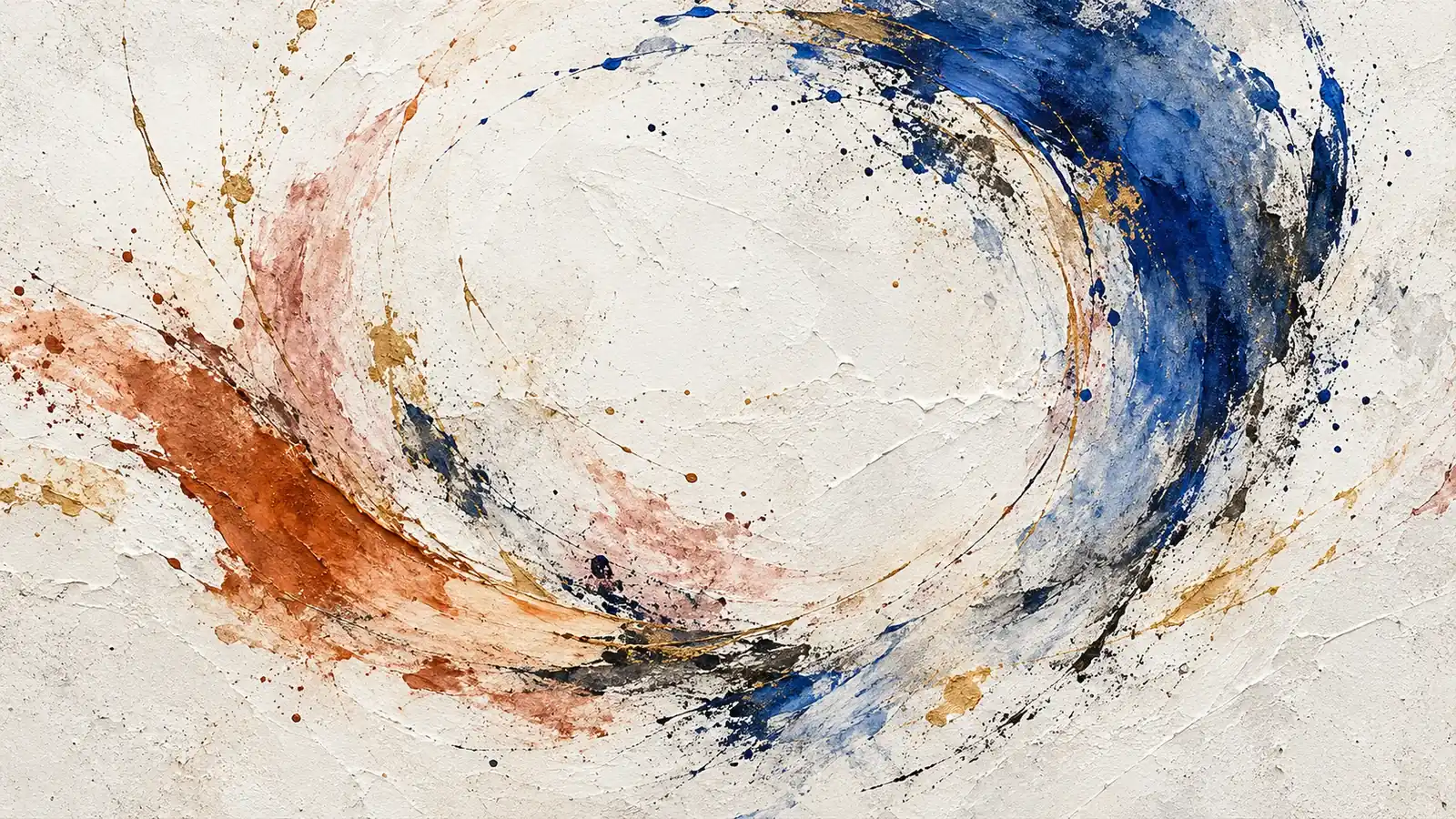 Loose blue, terracotta and ochre gestures circle an open white field on textured white concrete