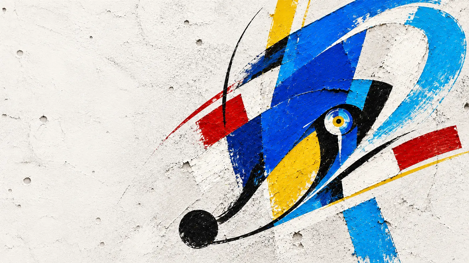 Blue, yellow and red planes grow from a black point into an open curve on white concrete, with a small eye shedding one tear.