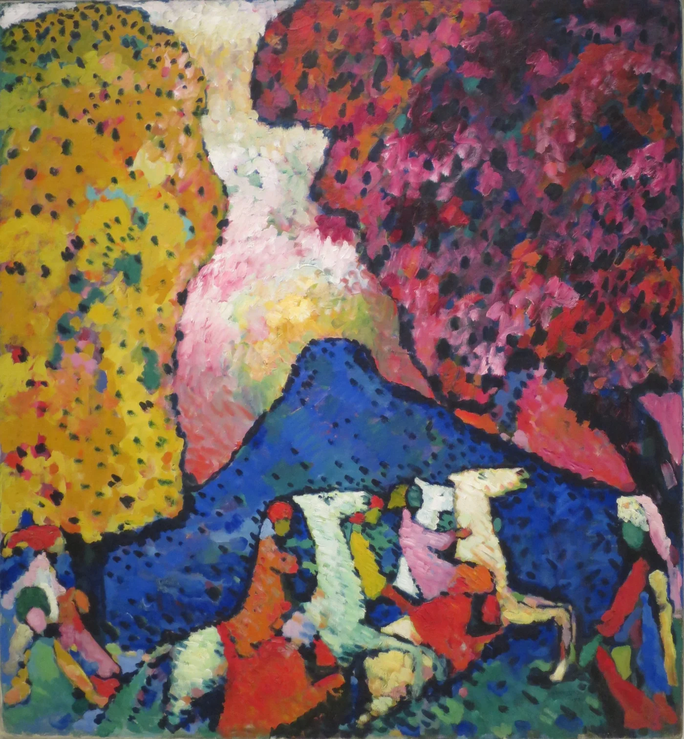 Riders on white horses pass a blue mountain between a yellow tree and a red tree