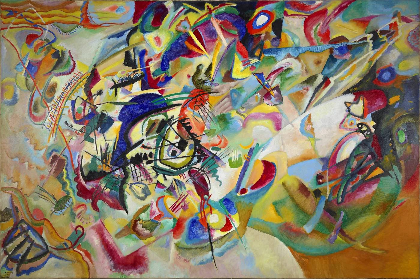 A sweeping vortex of overlapping reds, blues, yellows and greens crossed by black loops and diagonals