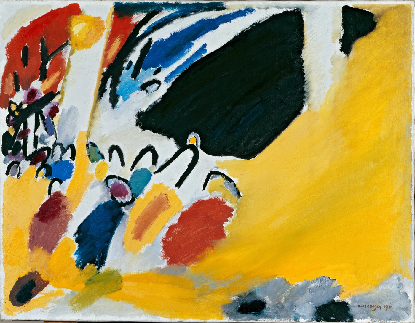 A large black piano-like shape hangs above yellow space and small coloured audience figures
