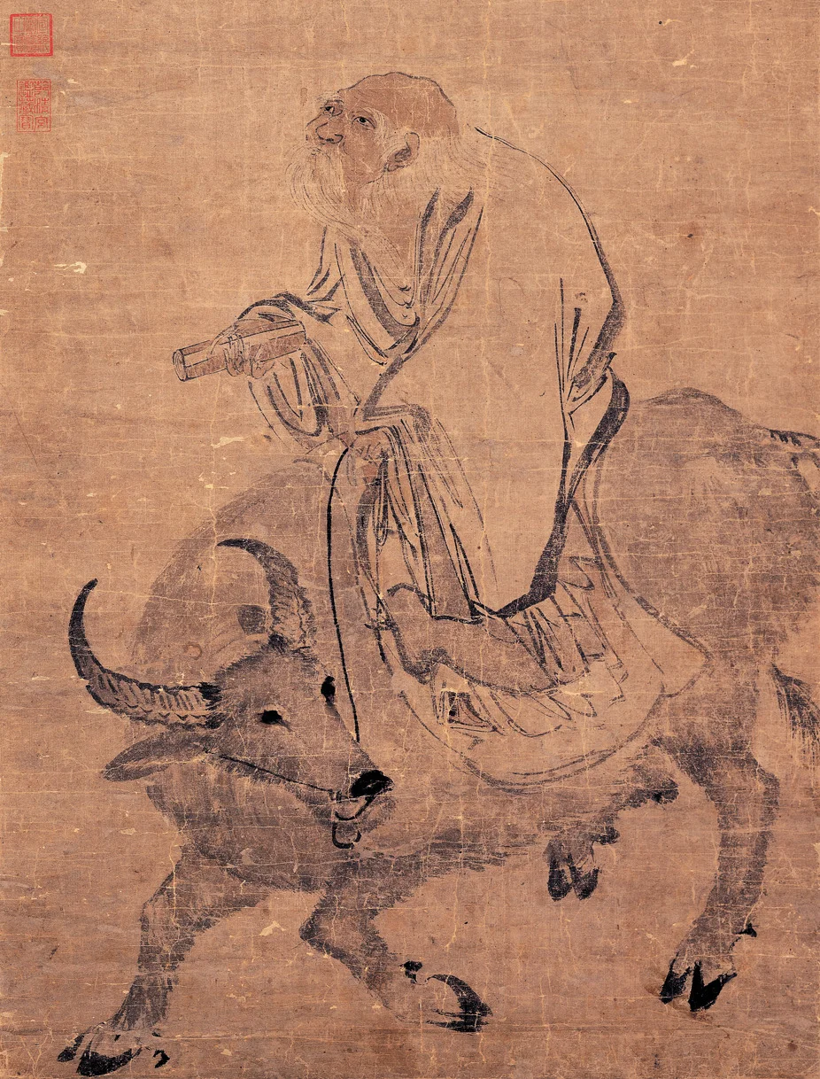 Laozi rides a dark ox across a pale painted landscape