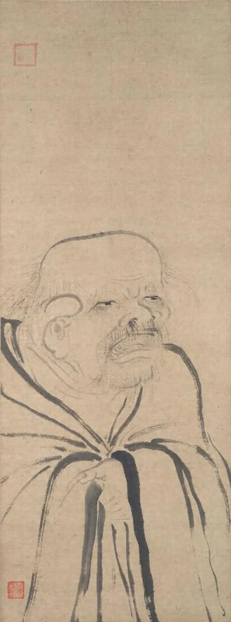 A sparse ink portrait of a robed Laozi on a tall pale scroll