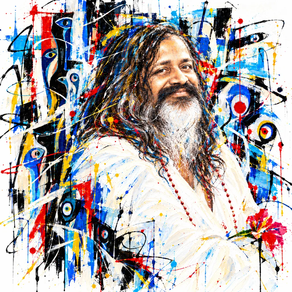 Painted portrait of Maharishi Mahesh Yogi with long dark hair, a white beard and white clothing, surrounded by blue, yellow, red and black marks.