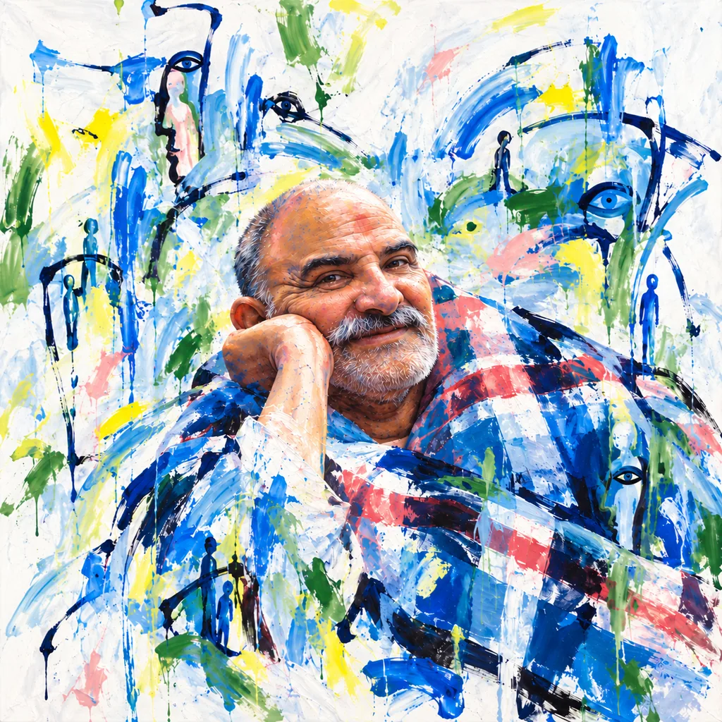 Painted portrait of Neem Karoli Baba smiling with his cheek resting on his hand, surrounded by blue, green and pink marks and repeated eyes.