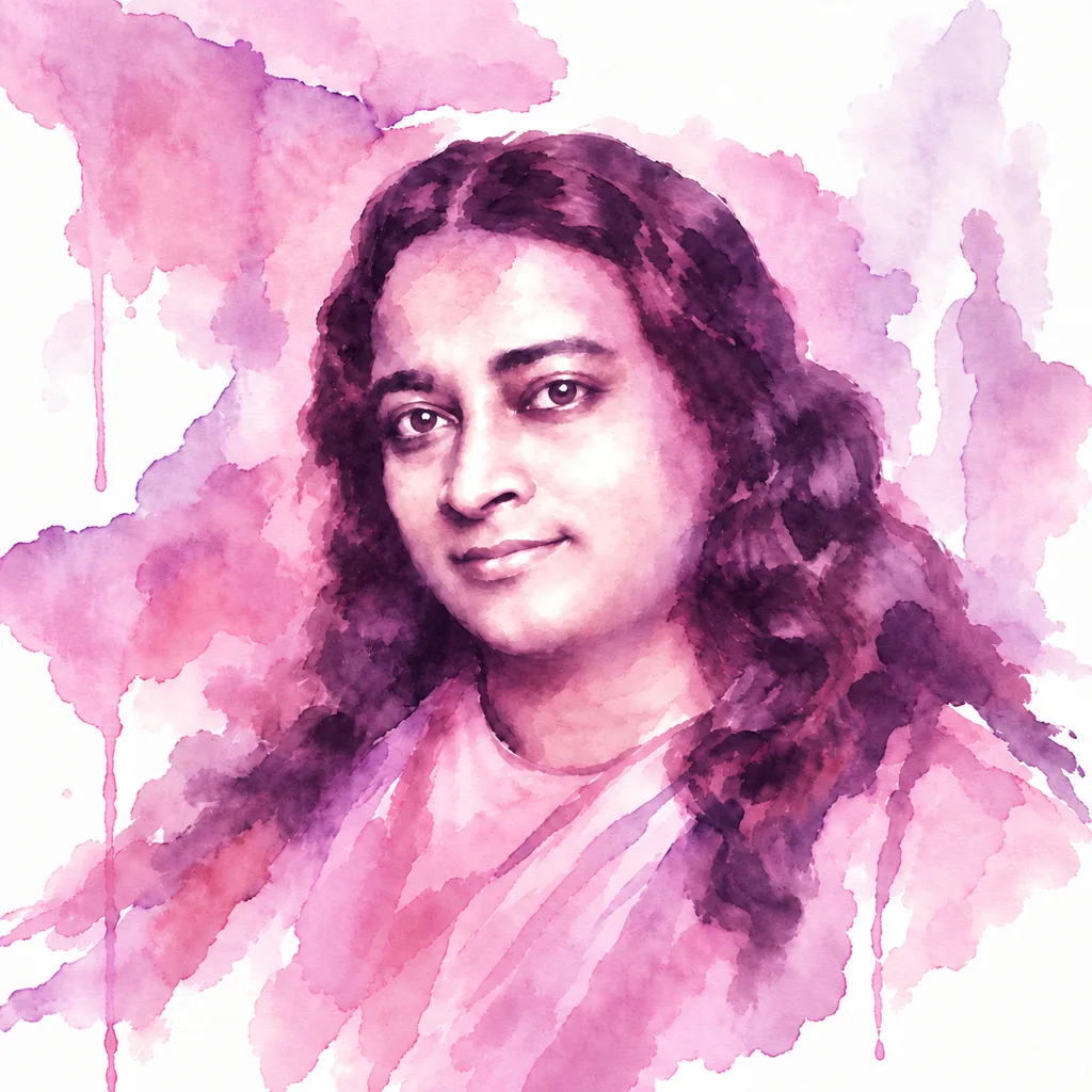 Painted portrait of Paramahansa Yogananda with long dark hair amid flowing pink and purple washes