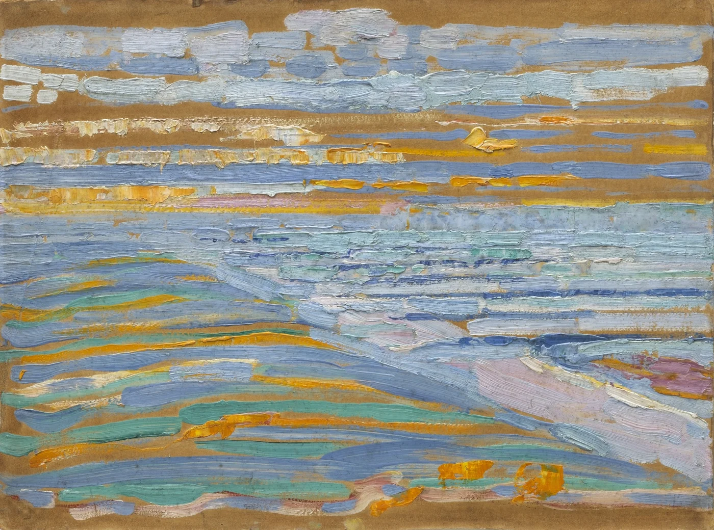 Broad bands of pale sea, beach and sky interrupted by dark piers and warm-coloured dune strokes